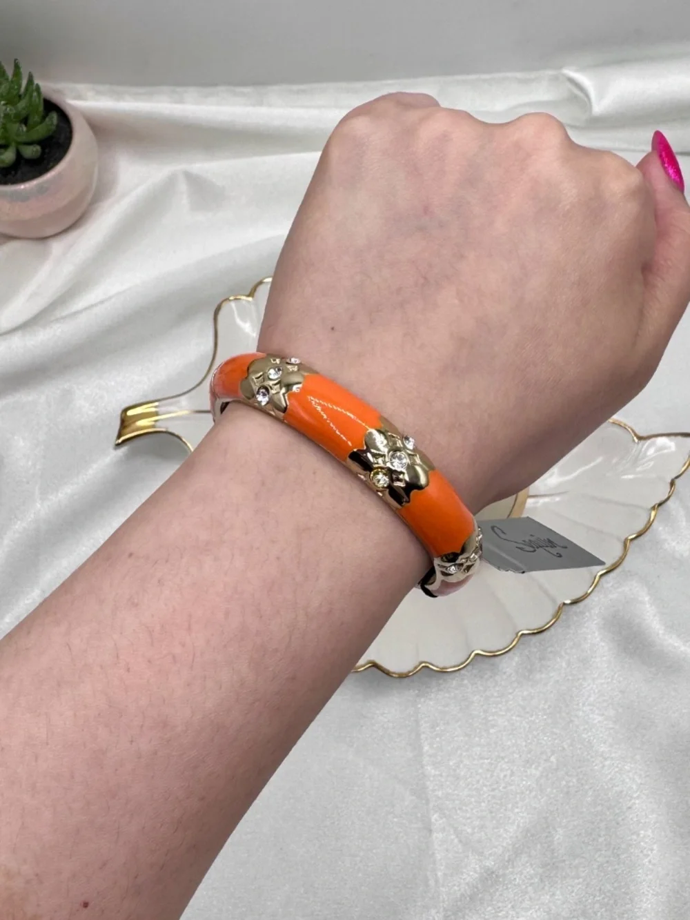 Orange Enamel Gold Tone Crystal Floral Hinged Bangle Bracelet